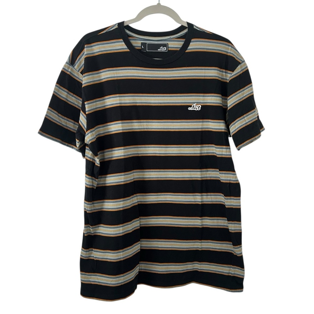 Lost Men’s Black Striped T-Shirt with Tan and Light Blue Accents
